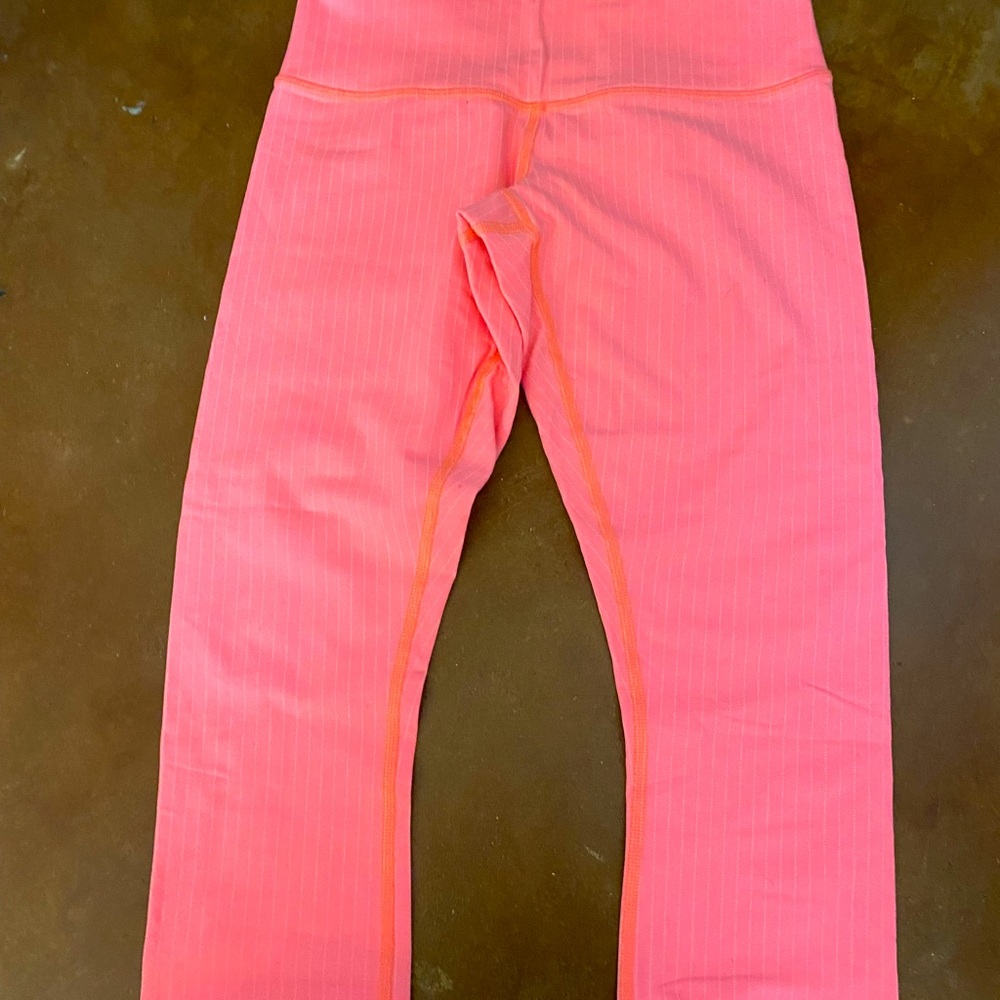 Lululemon Wunder under crop neon coral with white pin stripes
